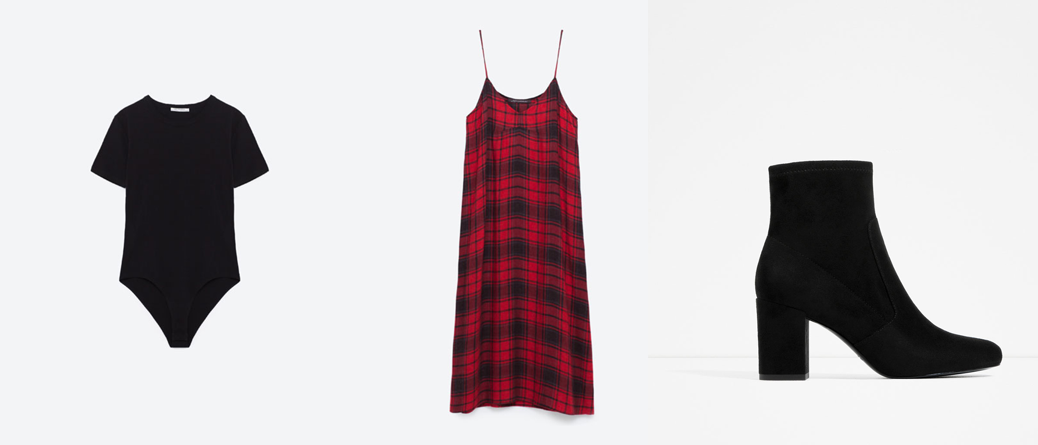 Short Sleeve Bodysuit ($13) // Checked Slip Dress ($50) // Elastic High Heel Ankle Boots ($60)