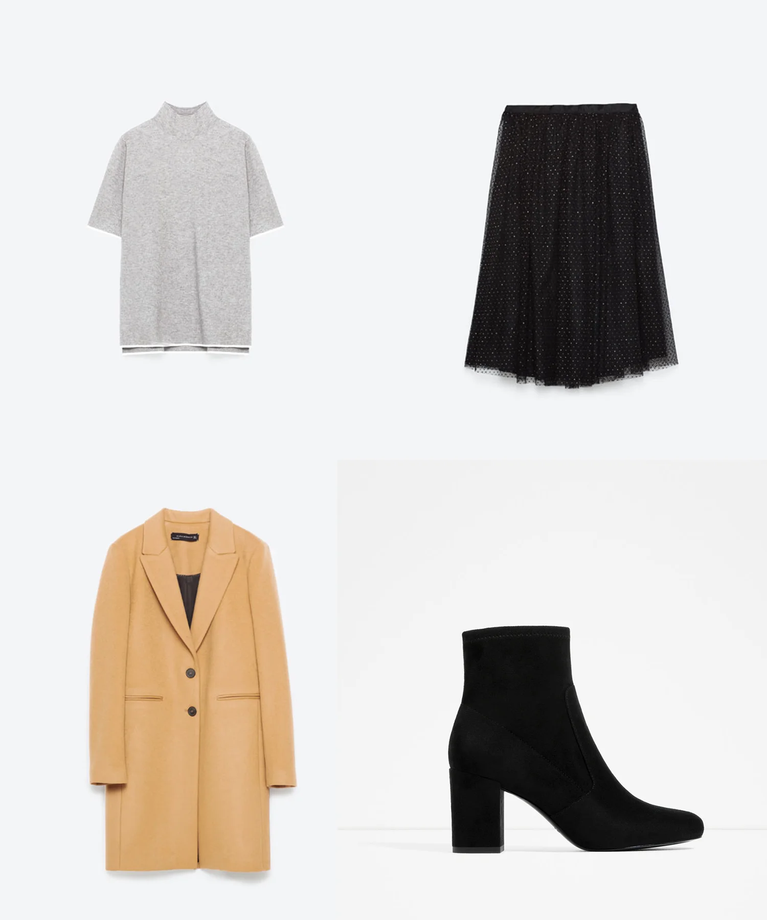Turtleneck Sweater ($40) // Tulle Skirt ($50) // Masculine Coat in Camel ($190) // Elastic High Heel Ankle Boots ($60)