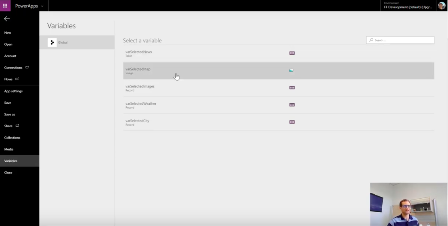Click View > Variables to see which variables are being used be the app and the values they contain.