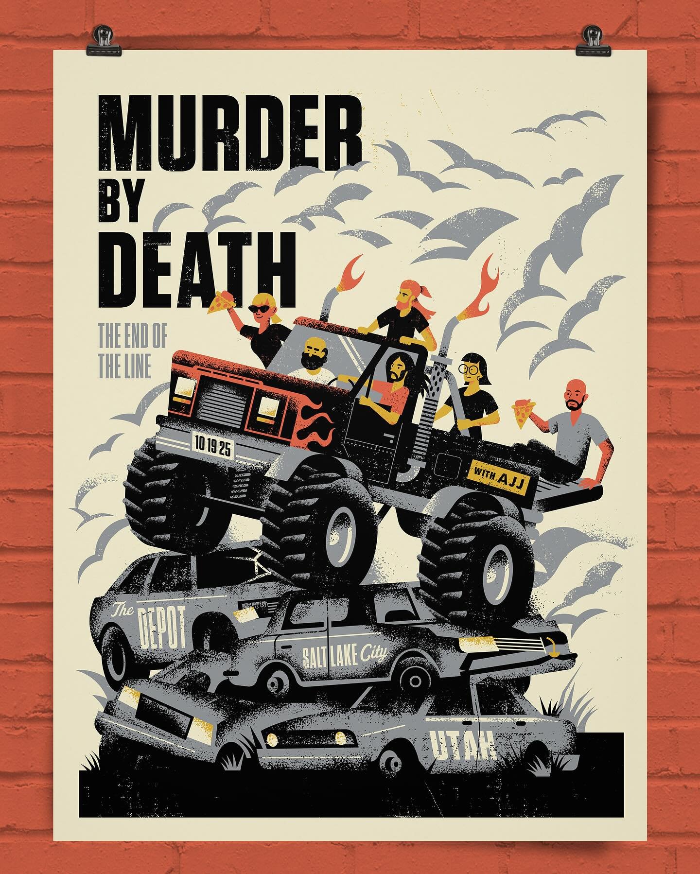 New work: My latest gig poster for Murder by Death&rsquo;s farewell tour stop tonight in Salt Lake City. Salt Lake is the monster truck capital and home of this year&rsquo;s Monster Jam World Finals &mdash; so I figured, what could be more fun than i