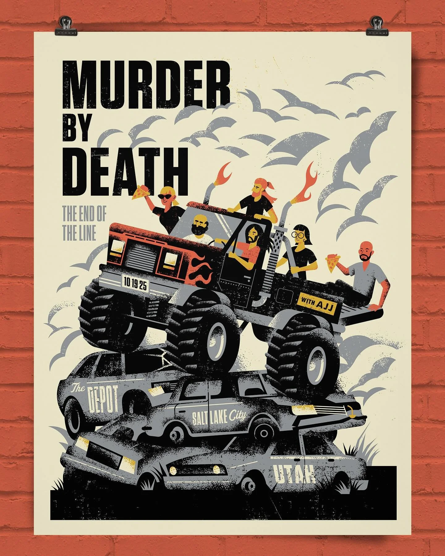 New work: My latest gig poster for Murder by Death&rsquo;s farewell tour stop tonight in Salt Lake City. Salt Lake is the monster truck capital and home of this year&rsquo;s Monster Jam World Finals &mdash; so I figured, what could be more fun than i