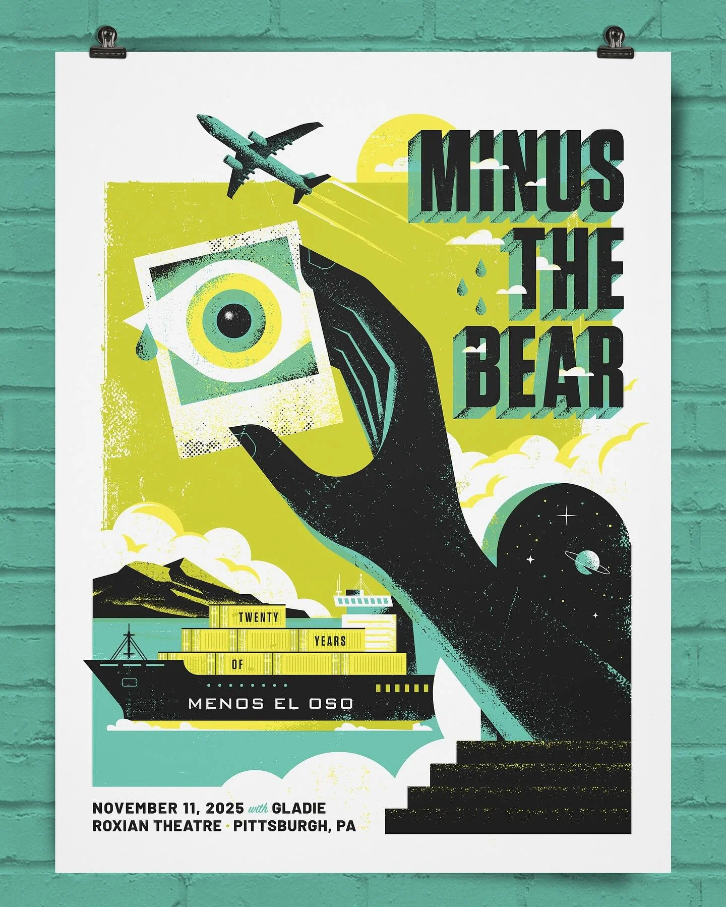 New work: happy reveal my poster for @minusthebear&rsquo;s concert tonight in Pittsburgh at @roxiantheatre. The band is back together after seven years apart, celebrating Menos El Oso&rsquo;s twentieth anniversary. As we slip into the cold months, th