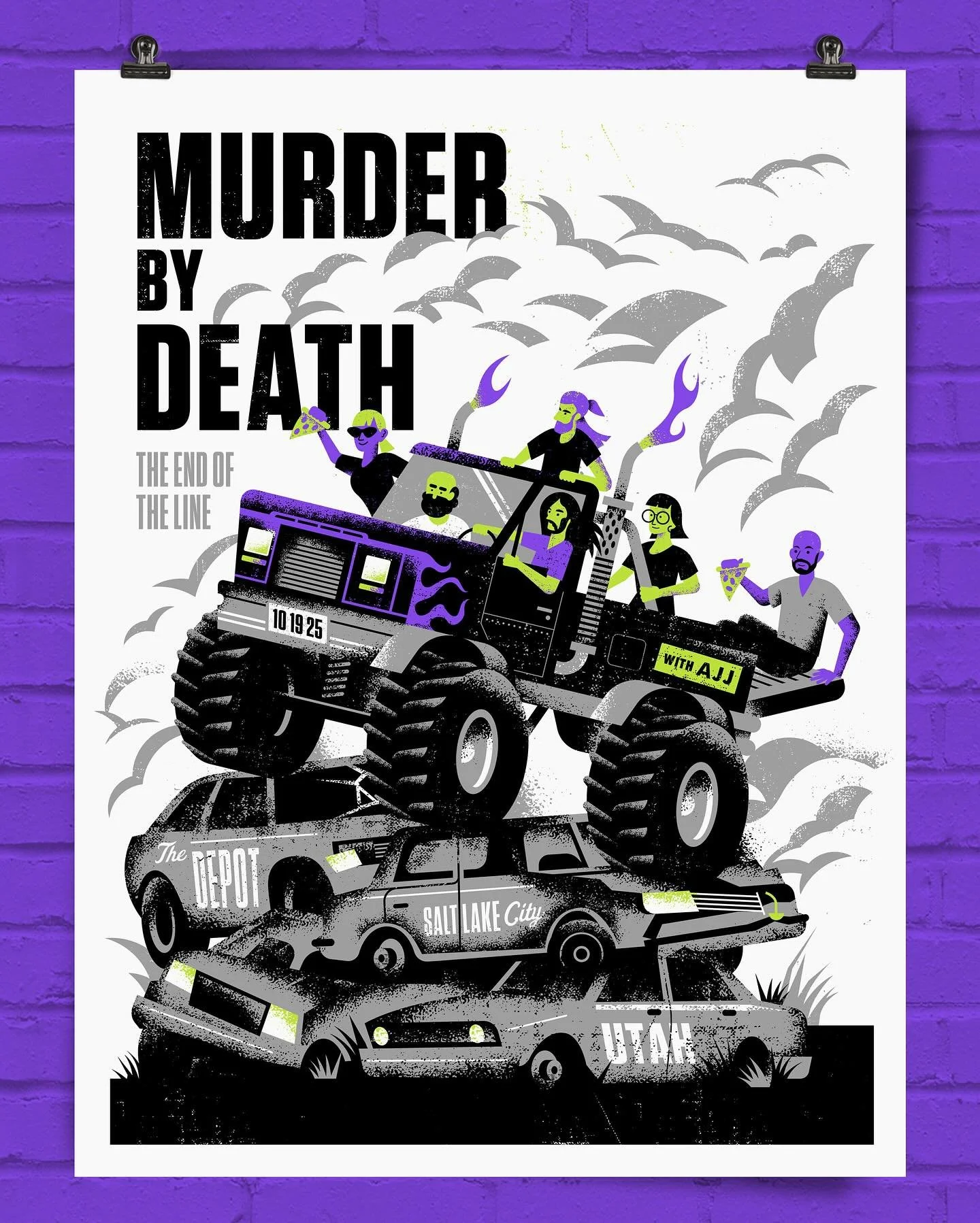 Now available: The Grave Digger Variant of my poster for Murder by Death&rsquo;s concert last night in Salt Lake City.

This special artist-exclusive colorway pays tribute to one of the all-time monster truck legends &mdash; punchy purple and slime g