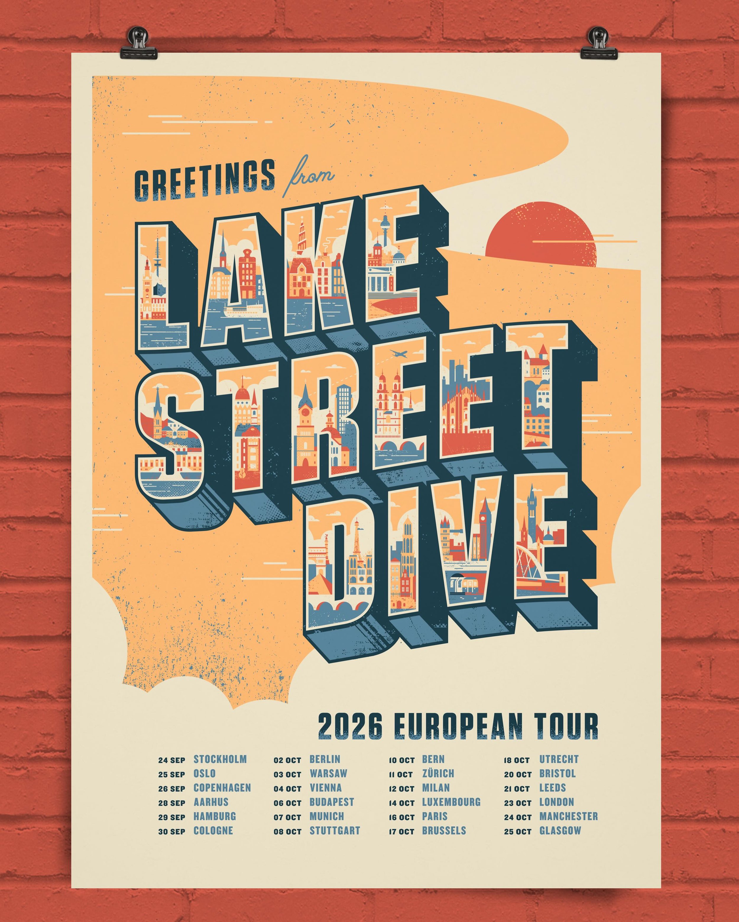 New work: a classic travel poster for Lake Street Dive&rsquo;s 2026 European tour, kicking off next month in Stockholm. 
With a tour this big, I wanted to make something that felt like a souvenir from the whole journey, so I packed as many European l