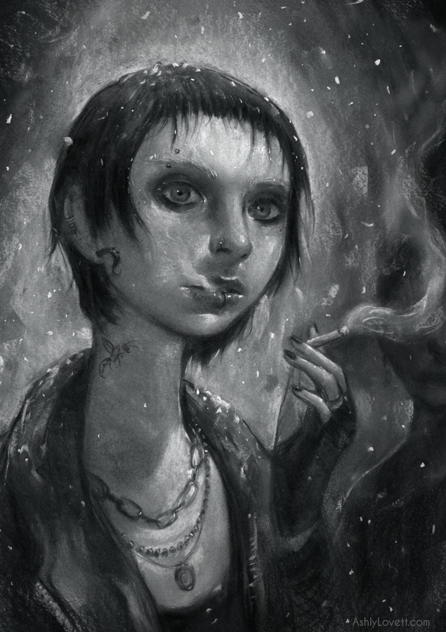 Lisbeth Salander from the novel Girl With the Dragon Tattoo . 11x16 chalk pastel on BFK Rives Paper. Digital manipulation with Photoshop. I chose black and white because I felt it wasn't what you'd typically see when glorifying someone. Just like Lisbeth's character wouldn't typically be the hero of any story.