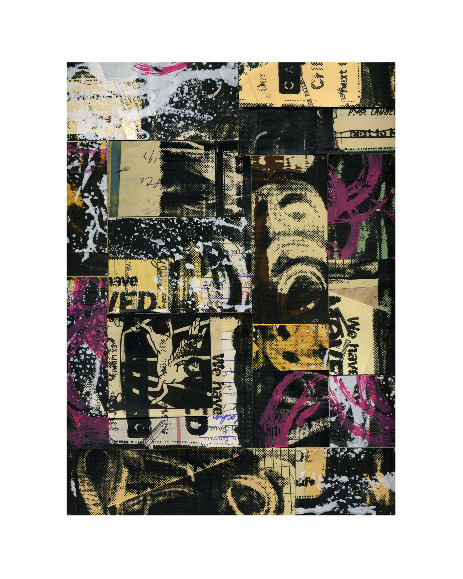 with Paul McDevitt RICHMOND BERLIN bookplates, library cards, card pockets, screen ink, board (collage) 16" x 12"