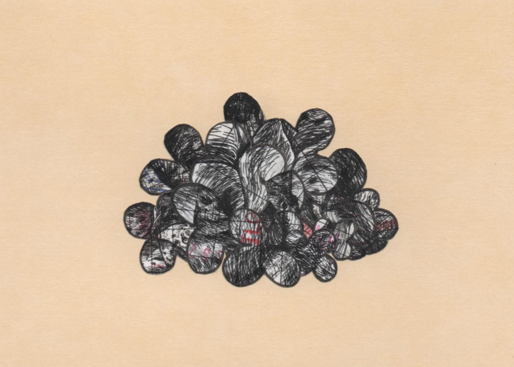 with Katie McBride HARDYWOOD GROßE TEUFEL copier ink, pen ink, date due slips, board (collage/drawing) 4" x 6"