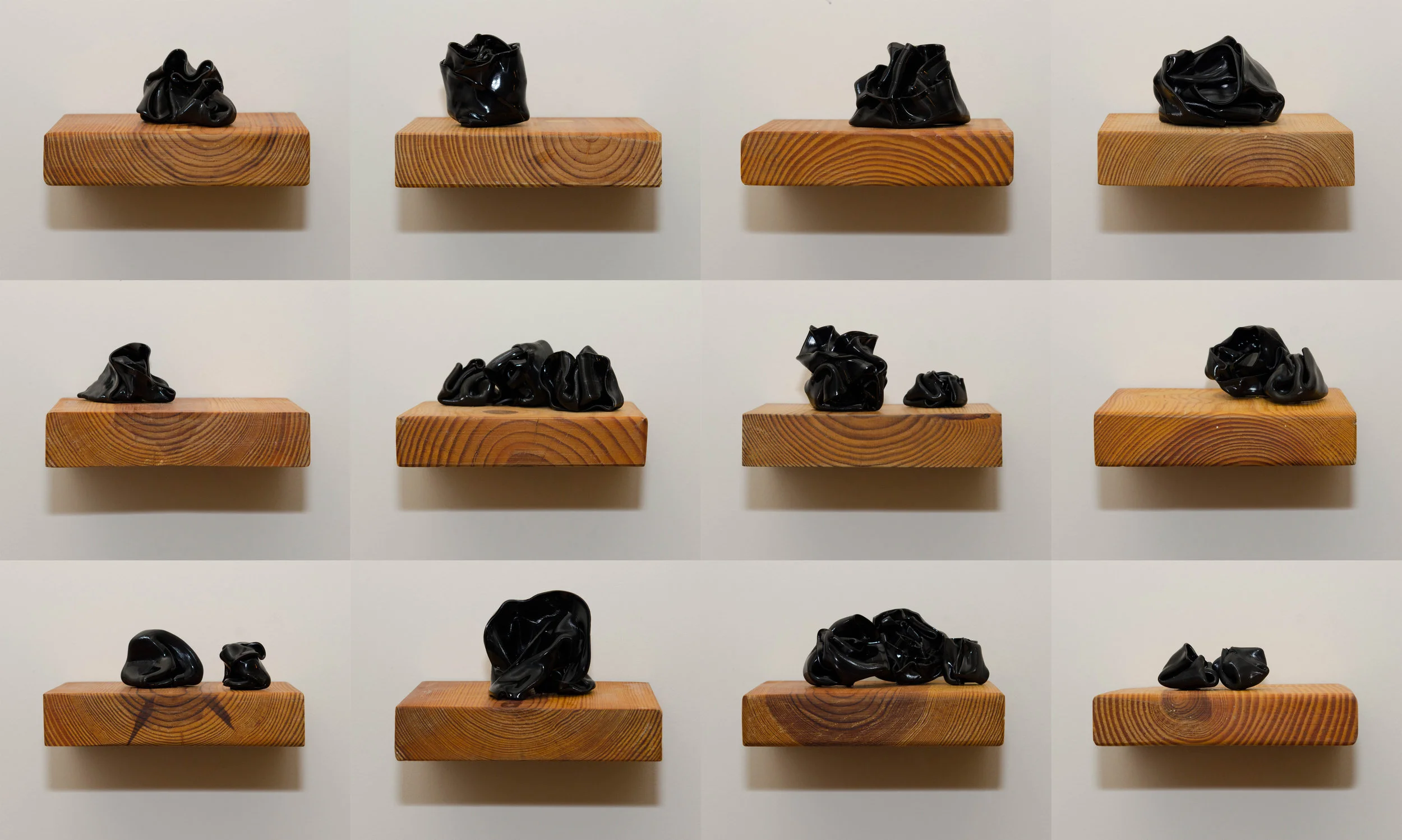 YOU'RE STILL WITH ME, BUT IT'S HARD TO HEAR YOUR VOICE pine blocks, vinyl records (sculpture/collage) set of 12 5" x 7" x 6"