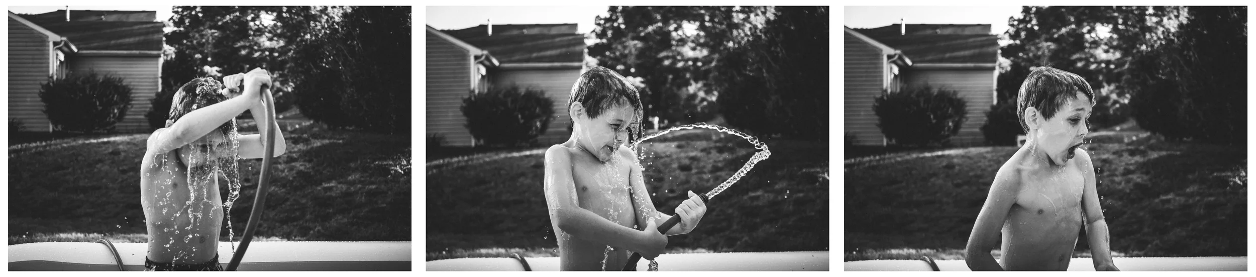 This was the first day we set the pool up, the boys had been begging. Even though the days are in the 80's I knew the hose water would still be so cold. But they reeeeally wanted to fill the pool and play with the hose; so I waited with my camera and captured the moment. 