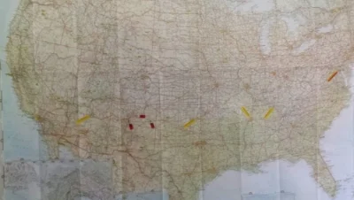 My planning map. The first pin the coast (a bit faint) is LA. The second-last pin on the right (the last yellow one) is Nashville!