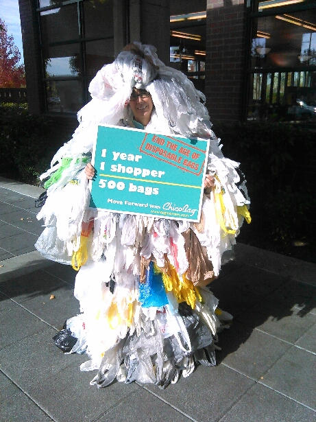 Abbe Gloor as the Bag Monster, wearing the number of bags the average person uses per year