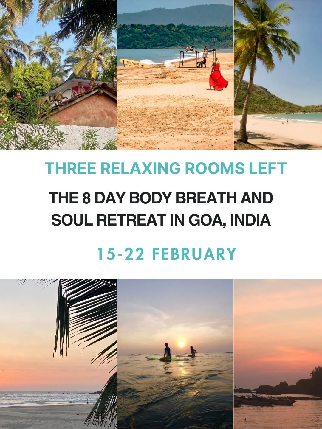 There are three relaxing rooms left for those who feel called to experience the lush ocean breezes of Goa

At the 8 Day Body Breath &amp; Soul Retreat in Goa, India

15 -22 February

Transformations Awaiting You: 

🌊 Arabian Sea Sunset Cruise

🔮 Da