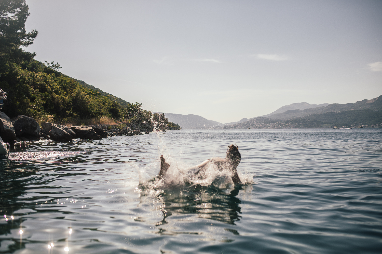 A person swimming in a body of water near a rocky shoreline with green trees, distant hills, and a boat on the water under a clear sky.