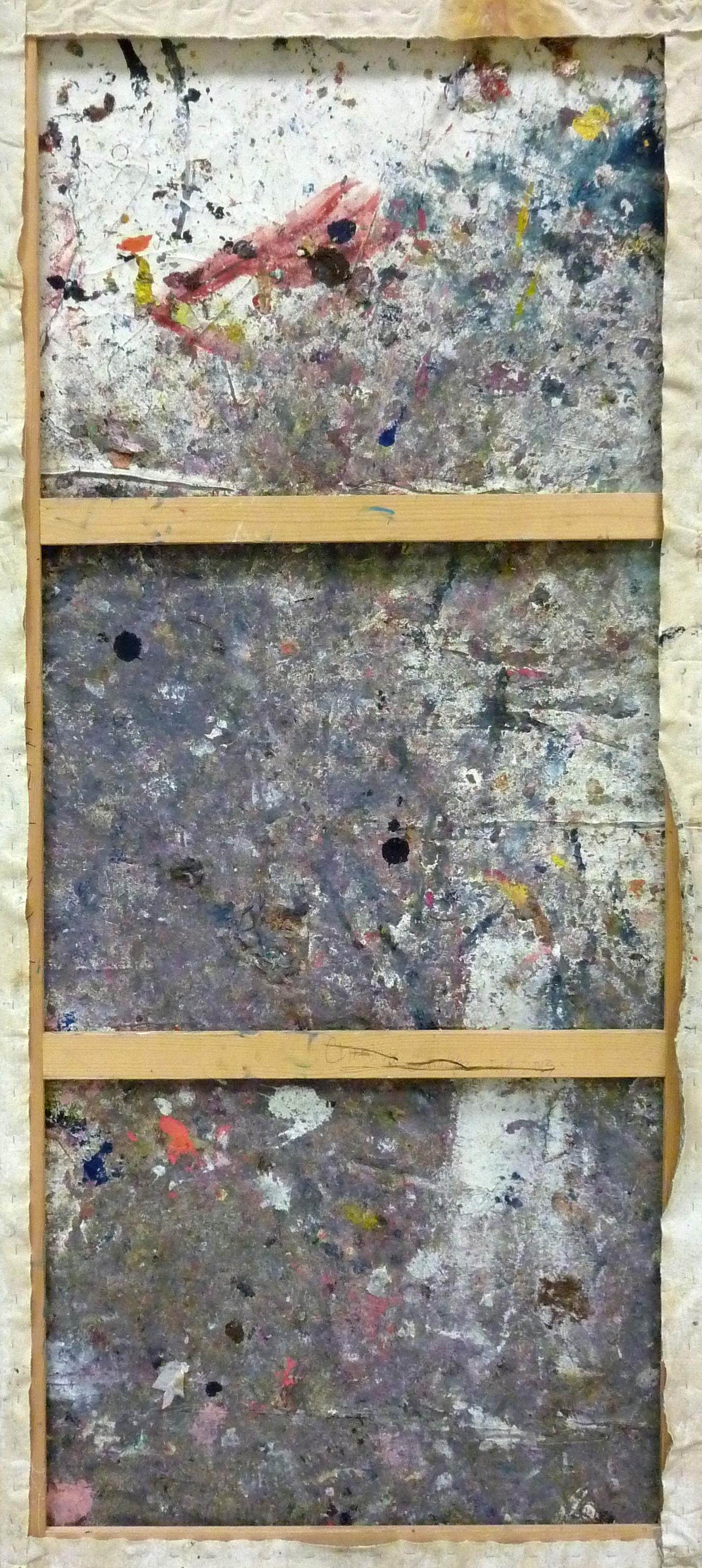Studio Floor Stretched , oil and dirt on canvas, 90 x 200cm, 2015.