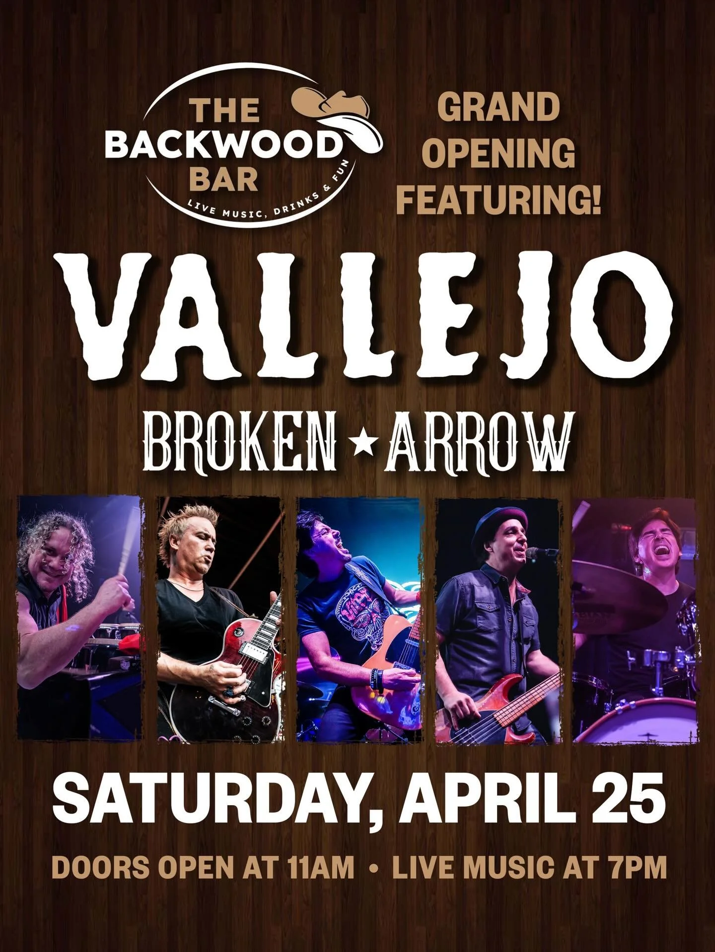 VALLEJO returns to Austin this Saturday, April 25th for the Grand Opening of @thebackwoodbar! 

The boys hit the stage at 9 PM with local faves, Broken Arrow @brokenarrowkyletx getting the stage warmed up at 7pm. Doors open at 11 AM with no cover, al
