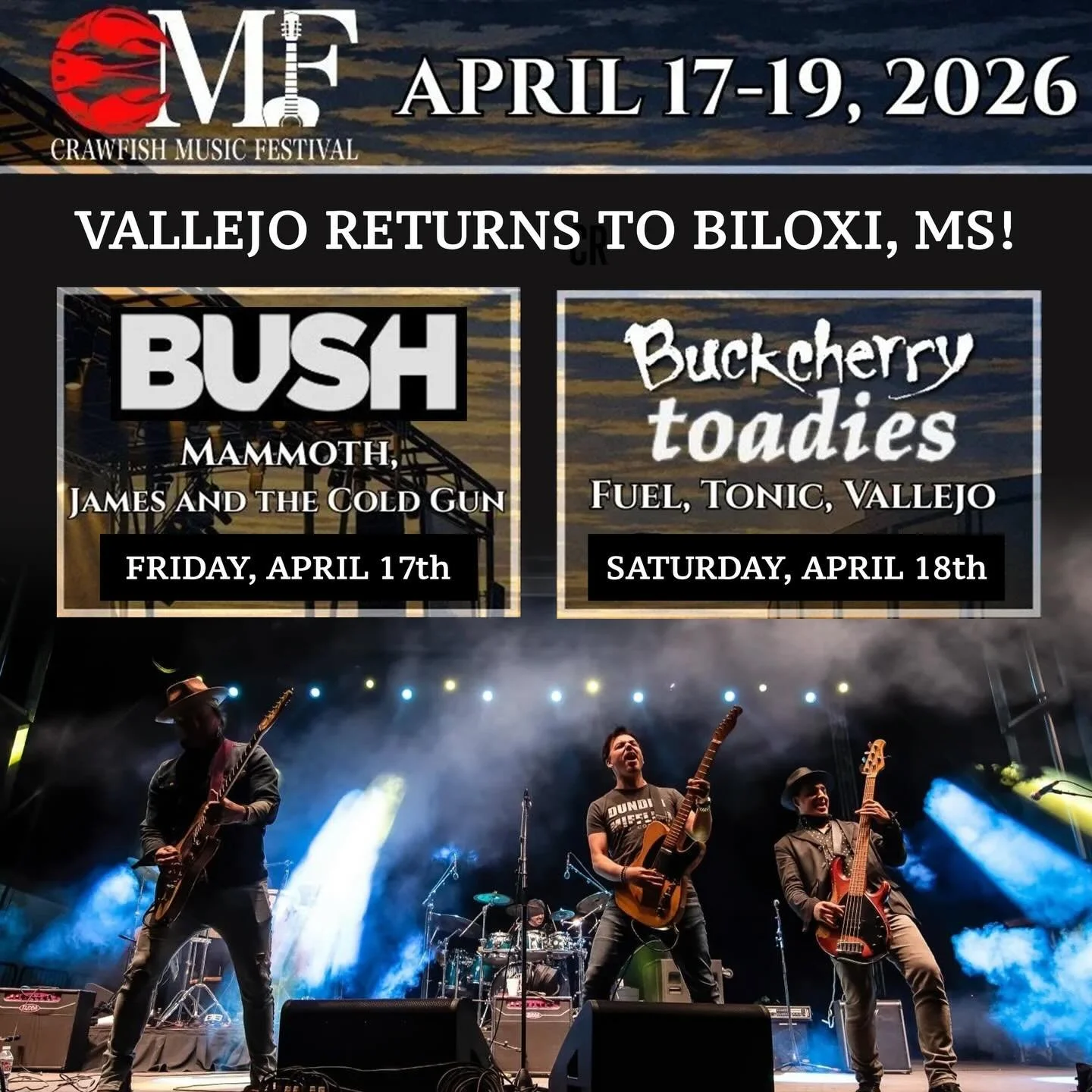 We look forward to returning to Biloxi, MS for the upcoming Crawfish Music Festival on Sat, April 18th. Check out this rockin&rsquo; lineup! 🤘🔥 @bush @mammothwvh @buckcherry @thetoadies @fuelofficialmusic @tonicbandofficial @vallejomusic 
👉 VALLEJ