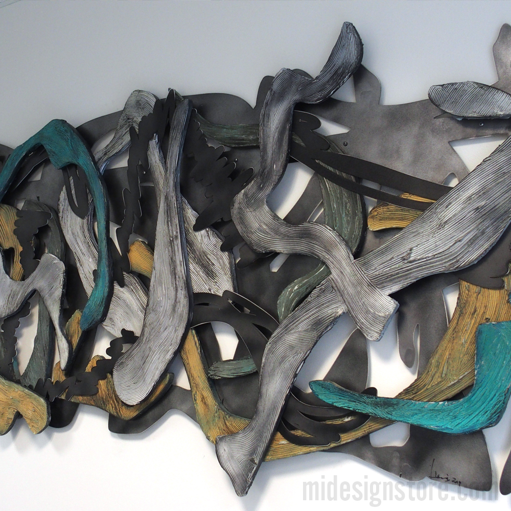 Painted wood and aluminum wall sculpture by Lucia Bennett