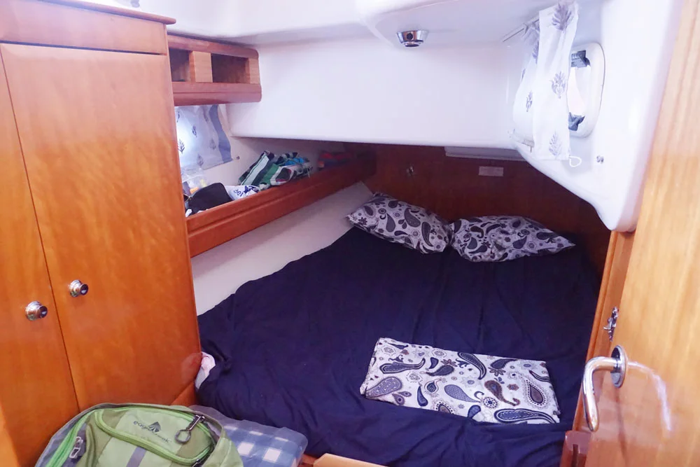 Our small but cozy double-bunk cabin