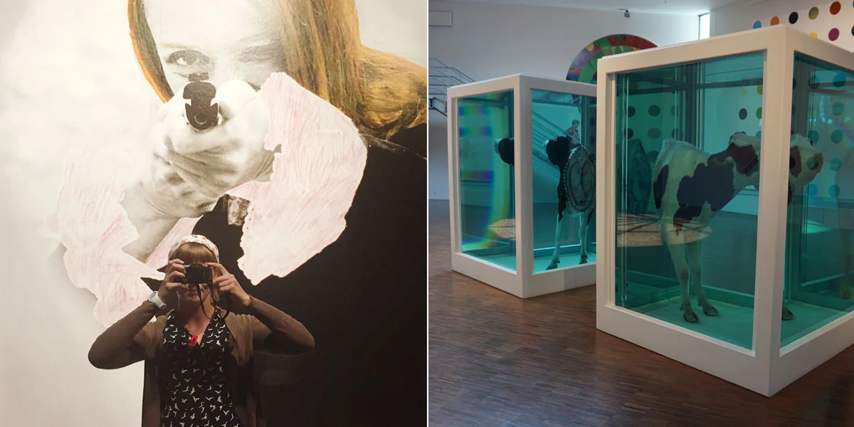 Posing in front of a Niki de Saint Phalle piece; Damien Hirst's ‘Love's Paradox (Surrender or Autonomy, Separateness as a Precondition for Connection.)’