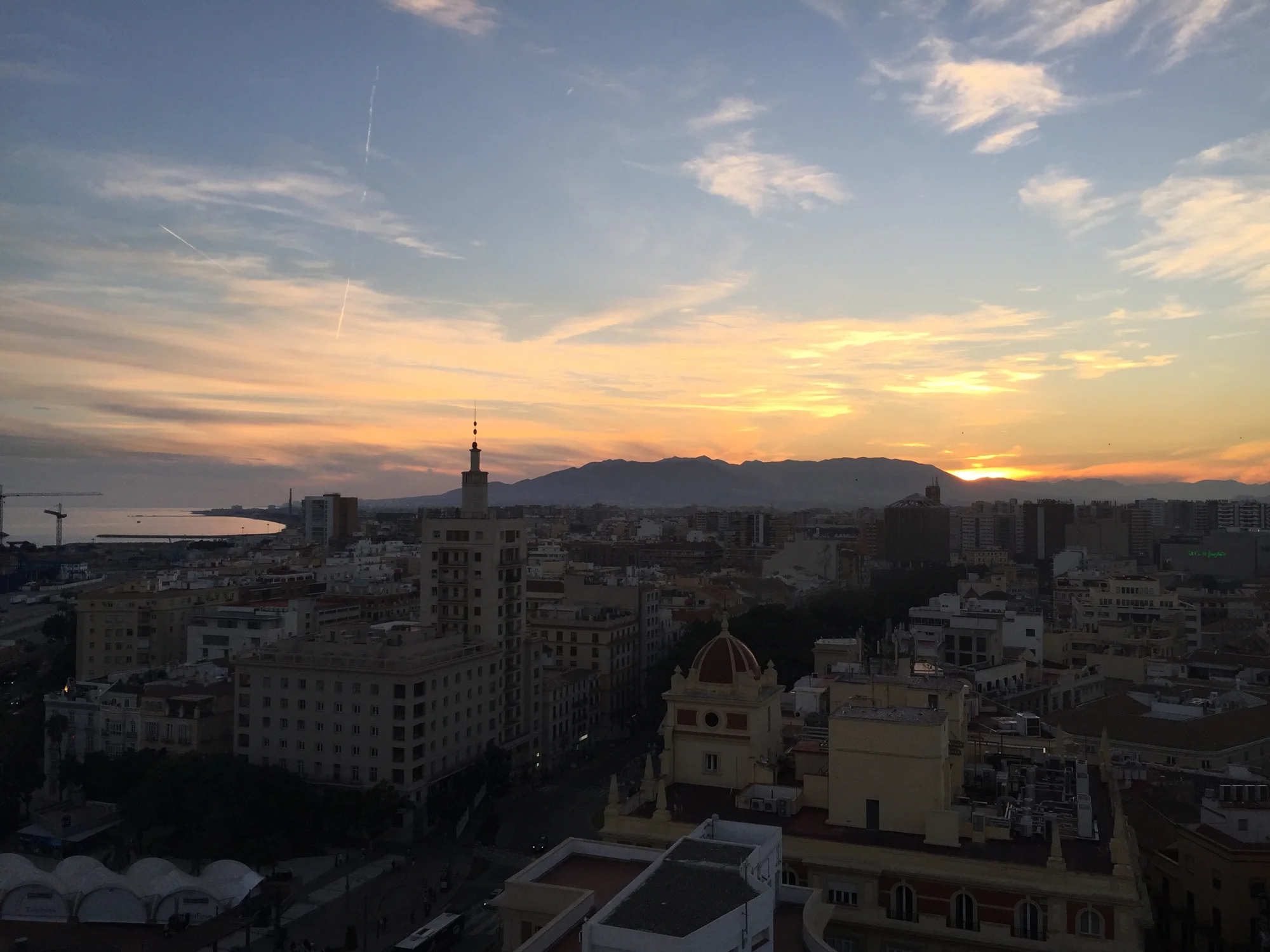 Sunset from a rooftop bar, Malaga, Spain, November