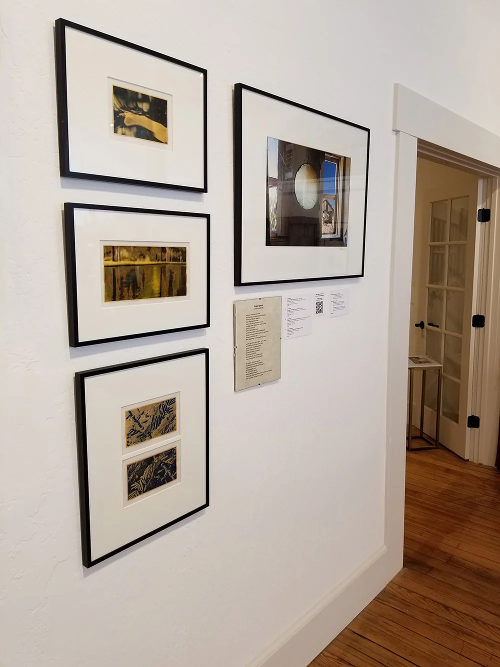 For Lois Roma-Deeley’s poem “Empty Spaces,” Patrick’s evocative mirror on the right told the literal story of the poem, and my three gold leaf pieces on the left spoke to Lois’s underlying idea of negative space. The big difference in this group for me was using color.