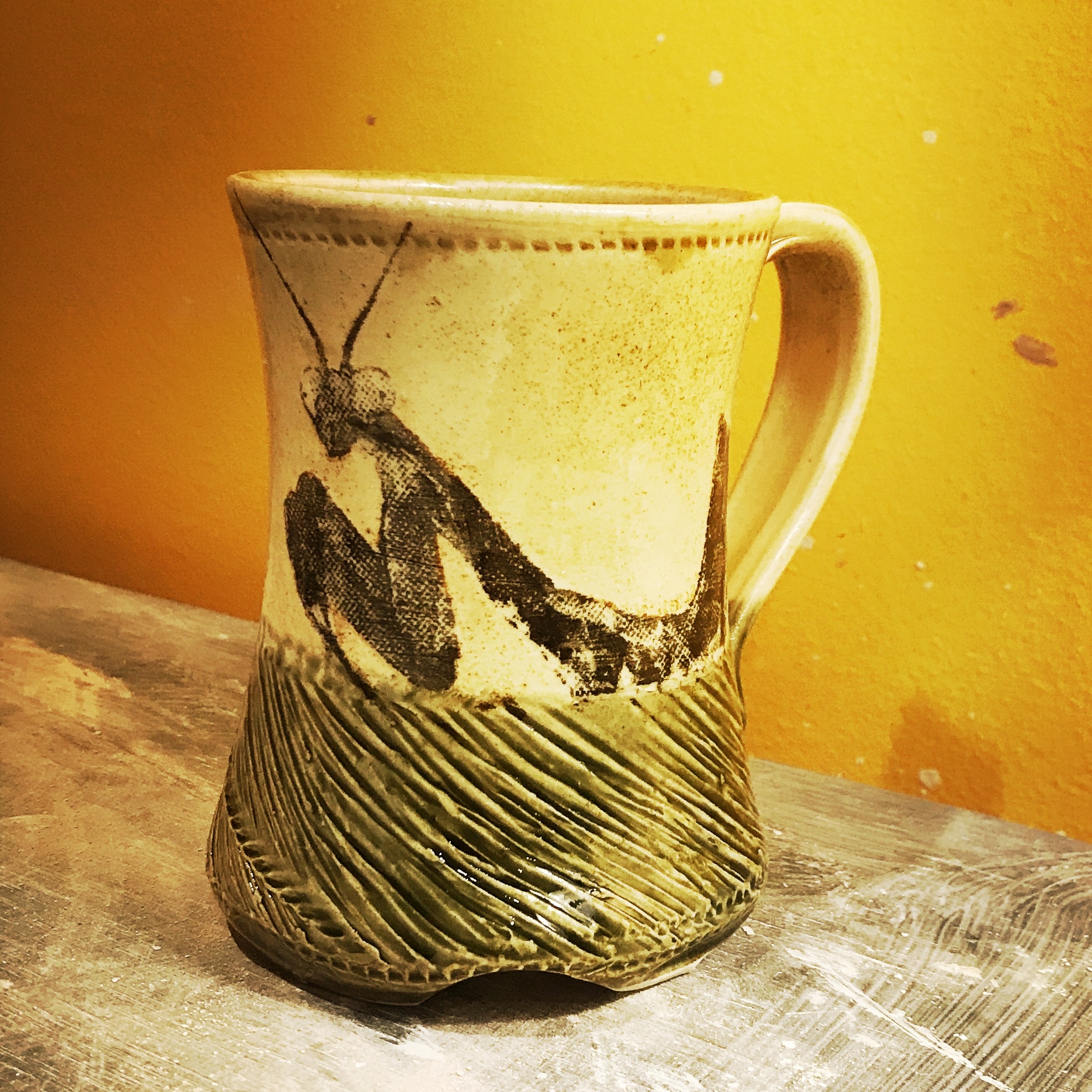a special one of a kind mug for Mila with praying Mantis 