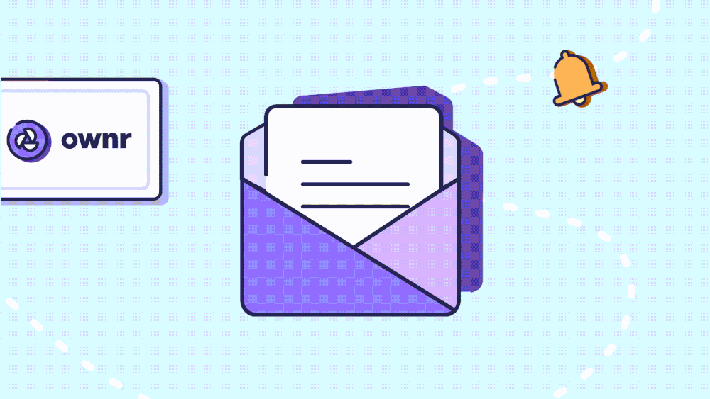 A digital illustration of an open envelope with a letter inside, a notification bell icon, and the 'ownr' logo on a light blue background with dotted pattern.