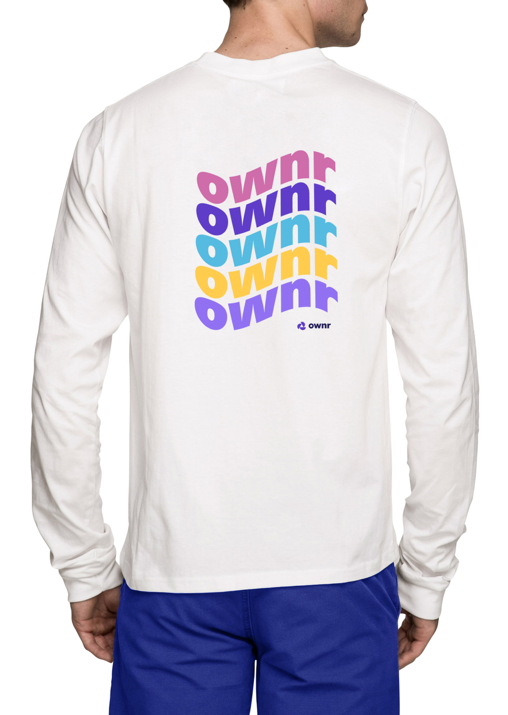 White long-sleeve shirt with colorful word 'ownr' repeated in purple, blue, light blue, yellow, and purple, along with the 'ownr' logo at the bottom.