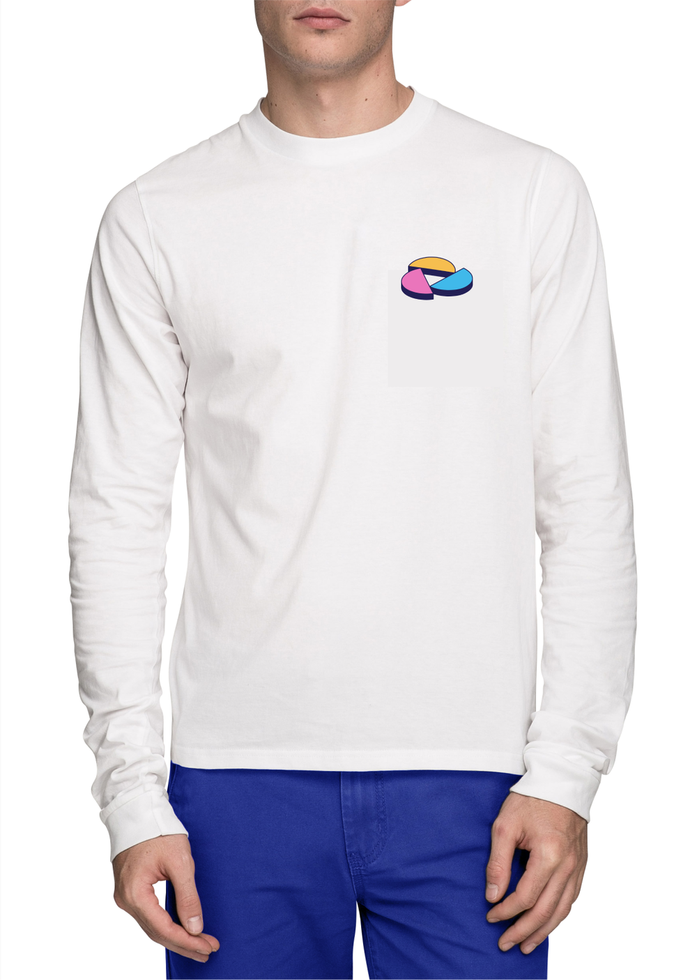 A man wearing a white long sleeve shirt with a small graphic of colorful pills or capsules on the chest pocket area, and blue pants.