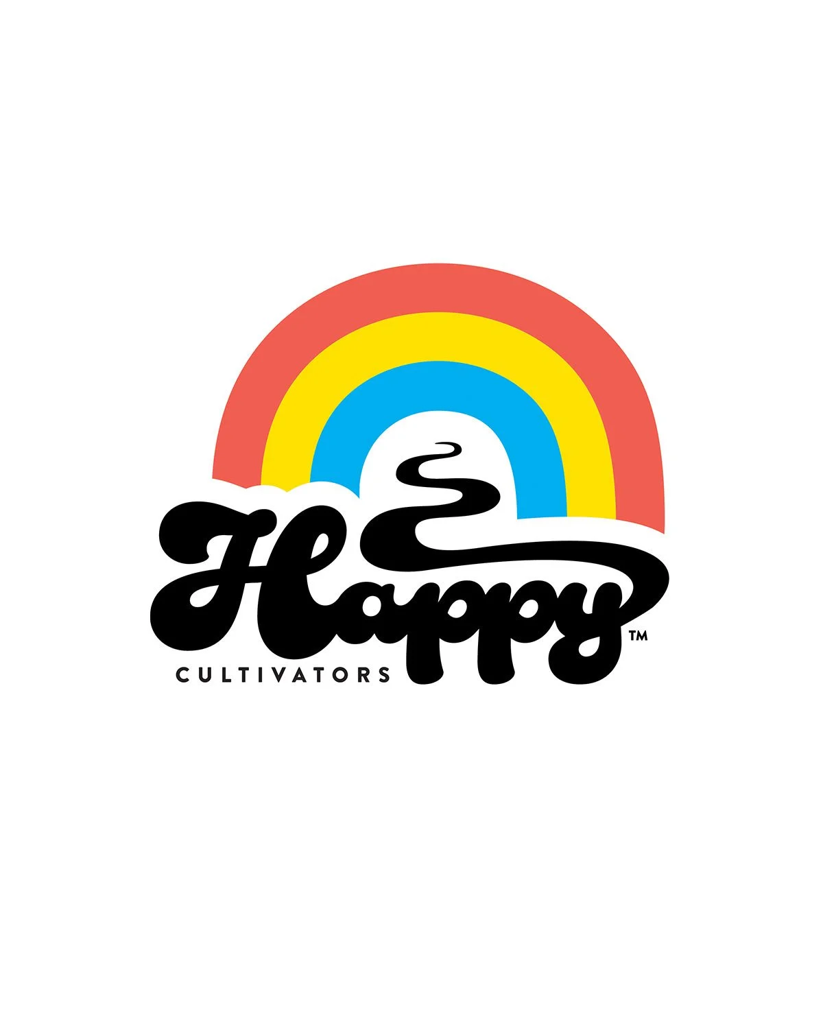 A colorful logo featuring a rainbow with red, yellow, and blue stripes and the words 'Happy Cultivators' in stylized black script.