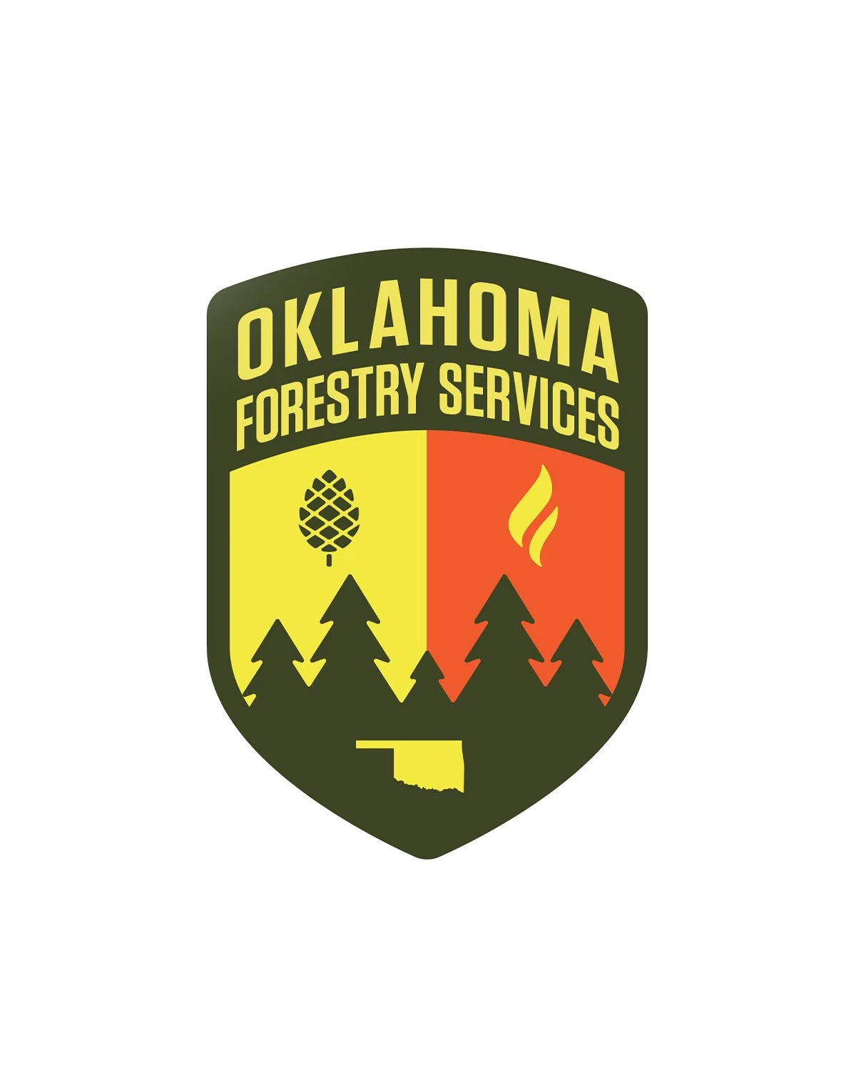 Oklahoma Forestry Services badge with green, yellow, and orange colors, pine trees, a pinecone, and a flame.
