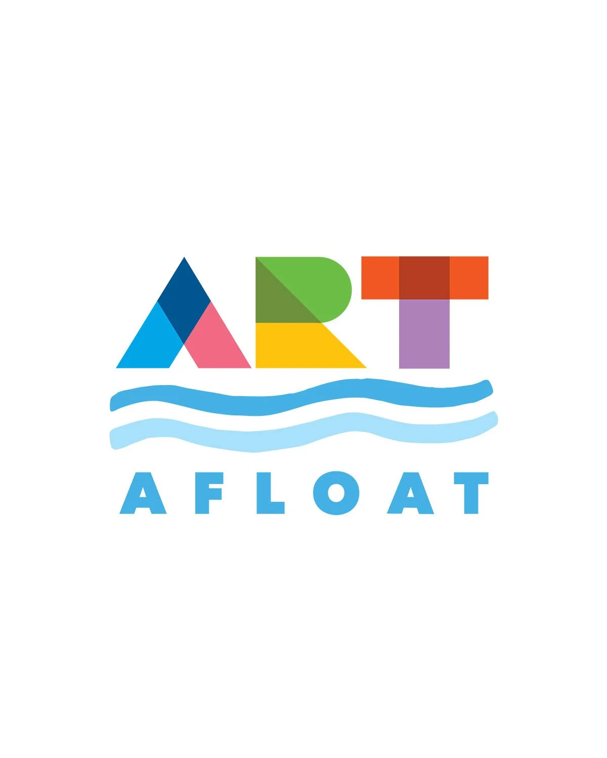 Colorful logo with the word 'ART' made of geometric shapes and the word 'Afloat' below, with blue wavy lines suggesting water.