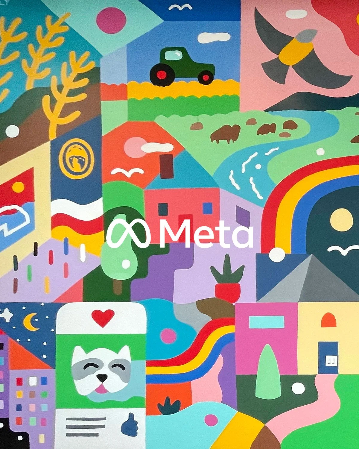 Colorful mural featuring various outdoor scenes and symbols, including a rainbow, a house, a barnyard with cows, a tractor, a river, a tree, a moon and stars, and a cartoon animal face with a thumbs-up gesture.