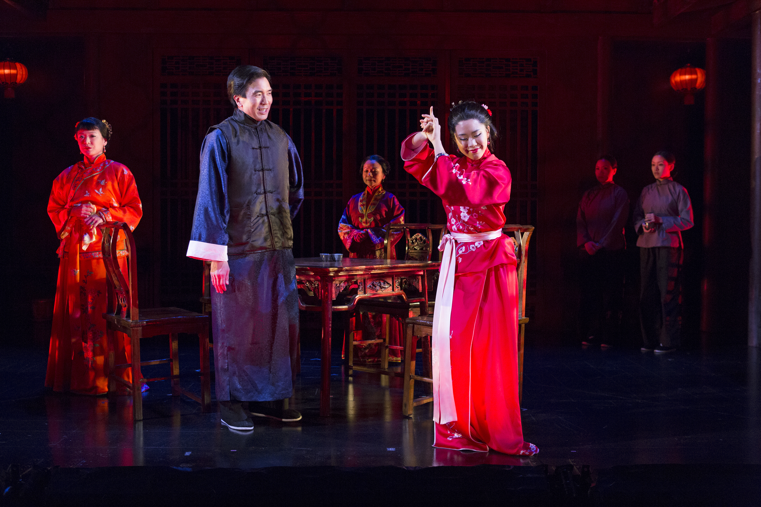 Jennifer Lim, Greg Watanabe, Julyana Soelistyo, Leslie Hu, Tina Chilip, and Nadia Gan. Photo by Richard Termin, Signature Theater Production, 2012