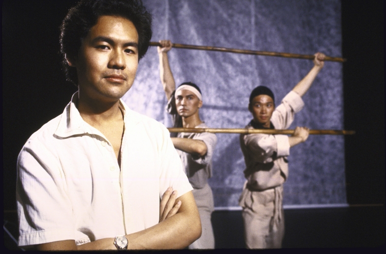 Playwright David Henry Hwang (L) with actors (2L-R) John Lone and Tzi Ma in a publicity shot. Photo by Martha Swope  for the Public Theatre, Courtesy NYPL