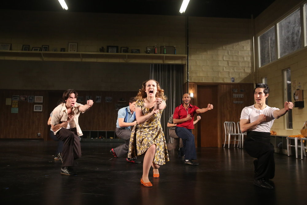 Jon Rua, Phoebe Strole, Emmanuel Brown, and Cole Horibe. Photo by Joan Marcus for Signature Theatre, 2014