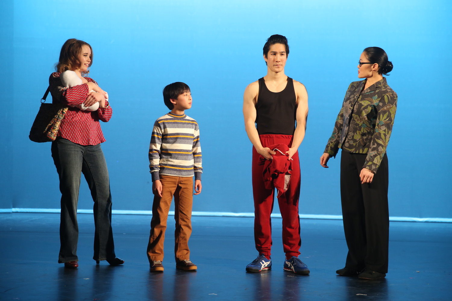 Phoebe Strole, Bradley Fong, Cole Horibe, and Kristin Faith Oei. Photo by Joan Marcus for Signature Theatre, 2014