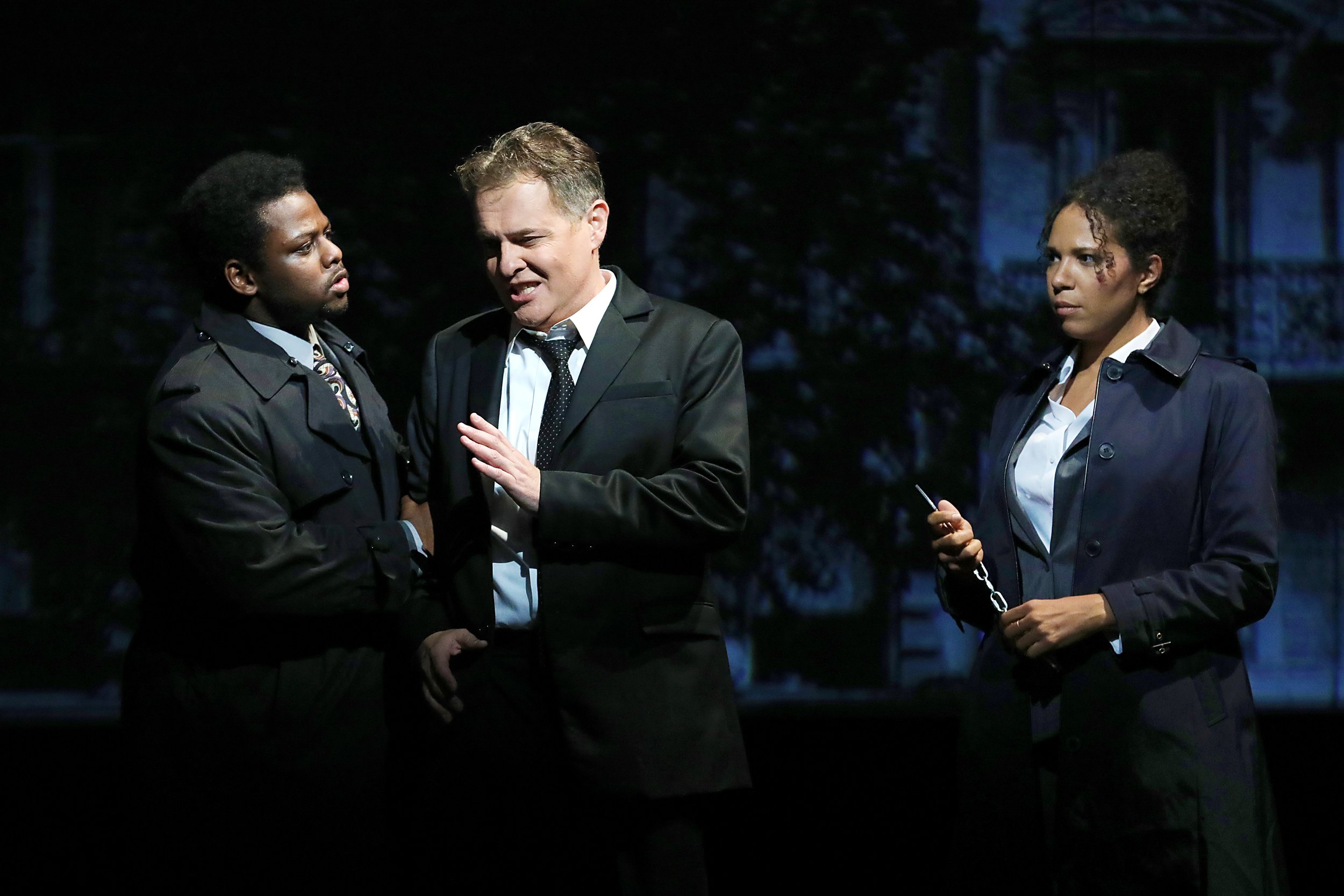  Left-Right; Andrew Turner (Agent 2), Mark Stone (René Gallimard), Amanda Lynn Bottoms (Agent 1), photo by Curtis Brown Photography for the Santa Fe Opera 