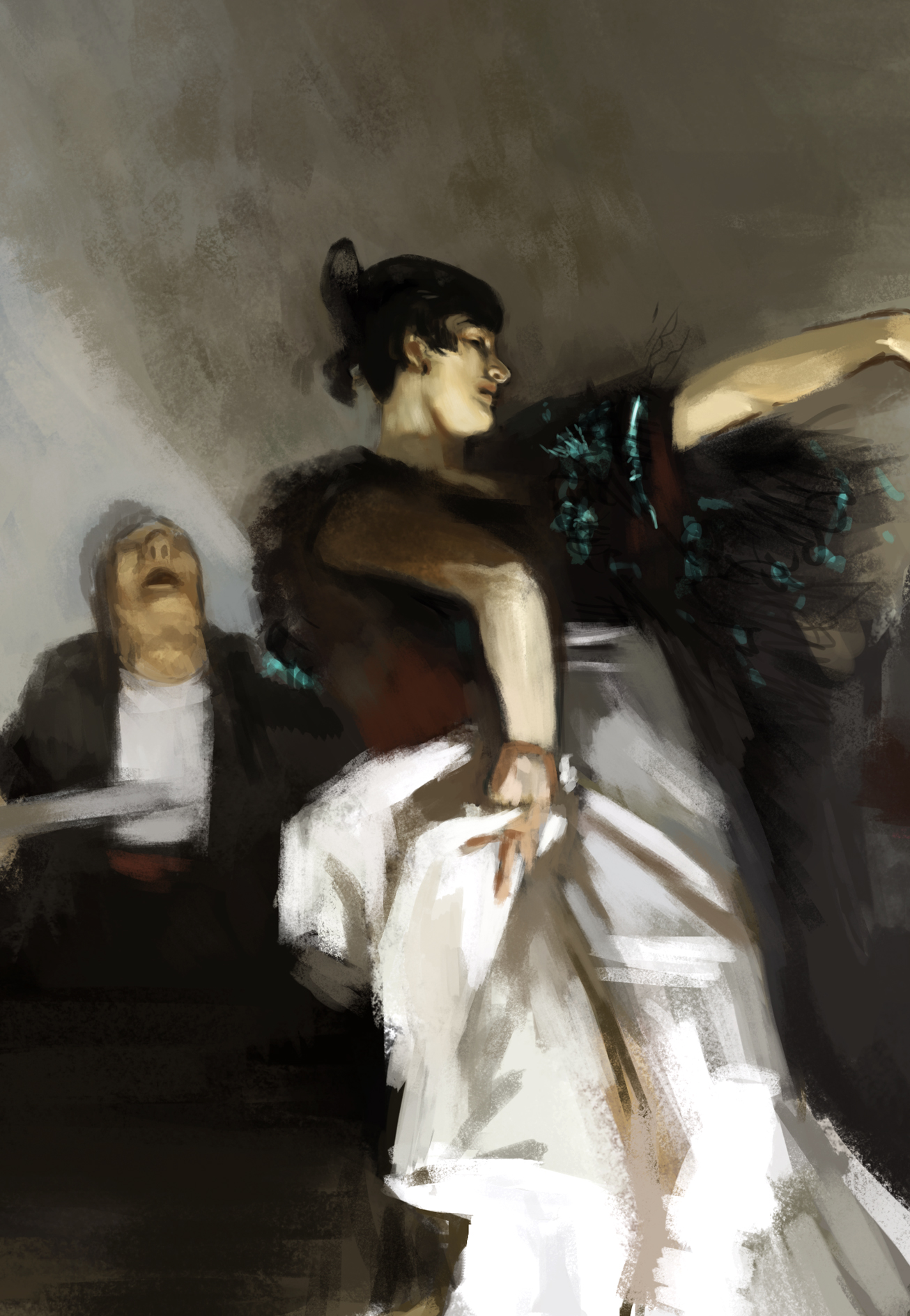 The main area of my study - the dancer's head and right arm - zoomed in. You can find a photo of the original painting here: https://en.wikipedia.org/wiki/El_Jaleo#/media/File:EL_JALEO-SINGER.jpg