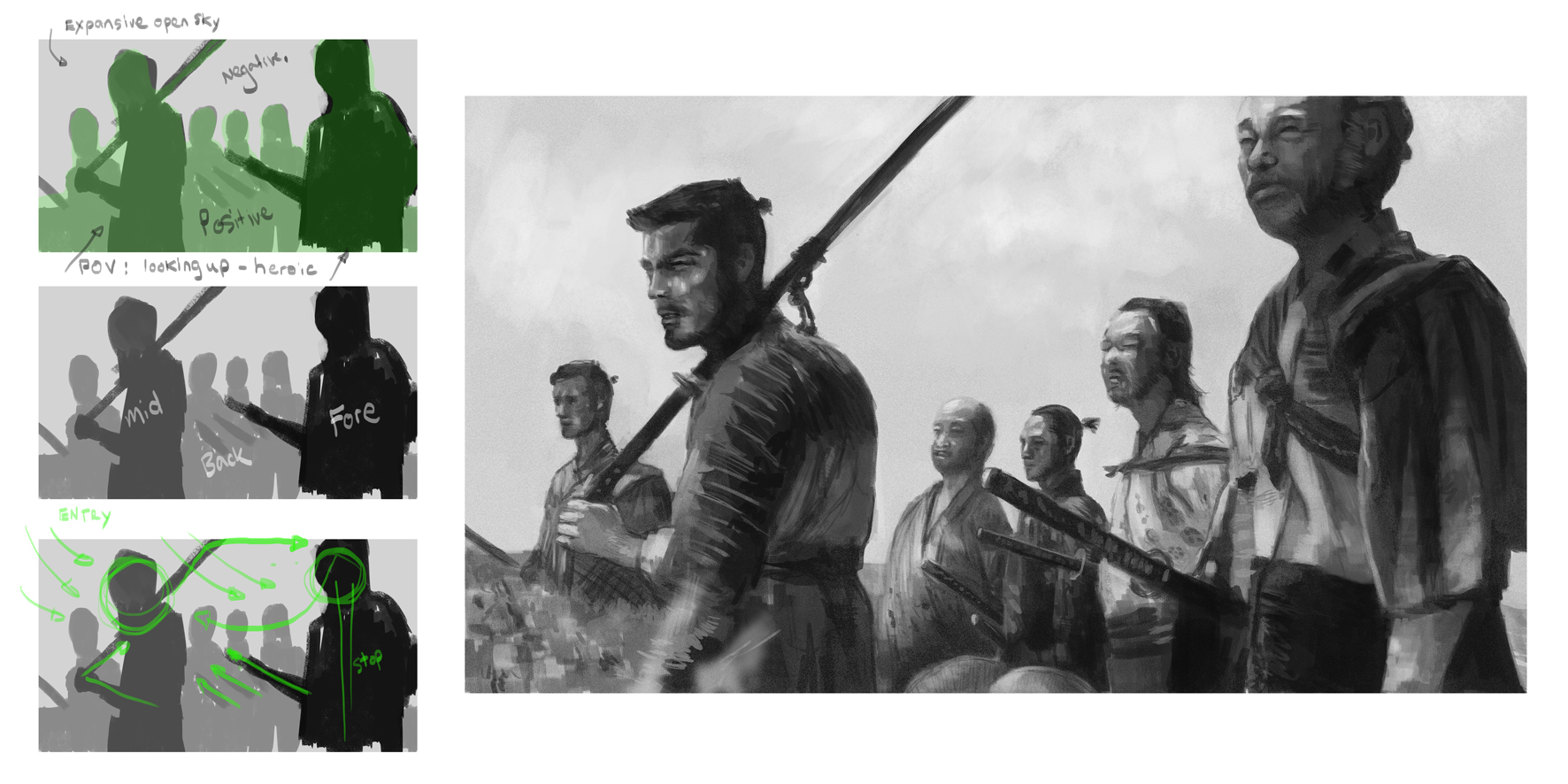 Speed-paint study breaking down major shapes - two more passes would bring this sketch up to the same level of realism as the still, but replicating is not the point. Learning from the master is.