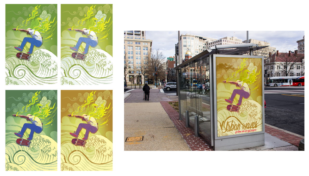 'For those who ride rigid surfaces' Again variations of the illustration element of the design - reused multiple times in different media formats within the project. The illustrative element is a mixture of photo and vector shapes, colourful and vibrant to support the brand personality of Urban Waves.