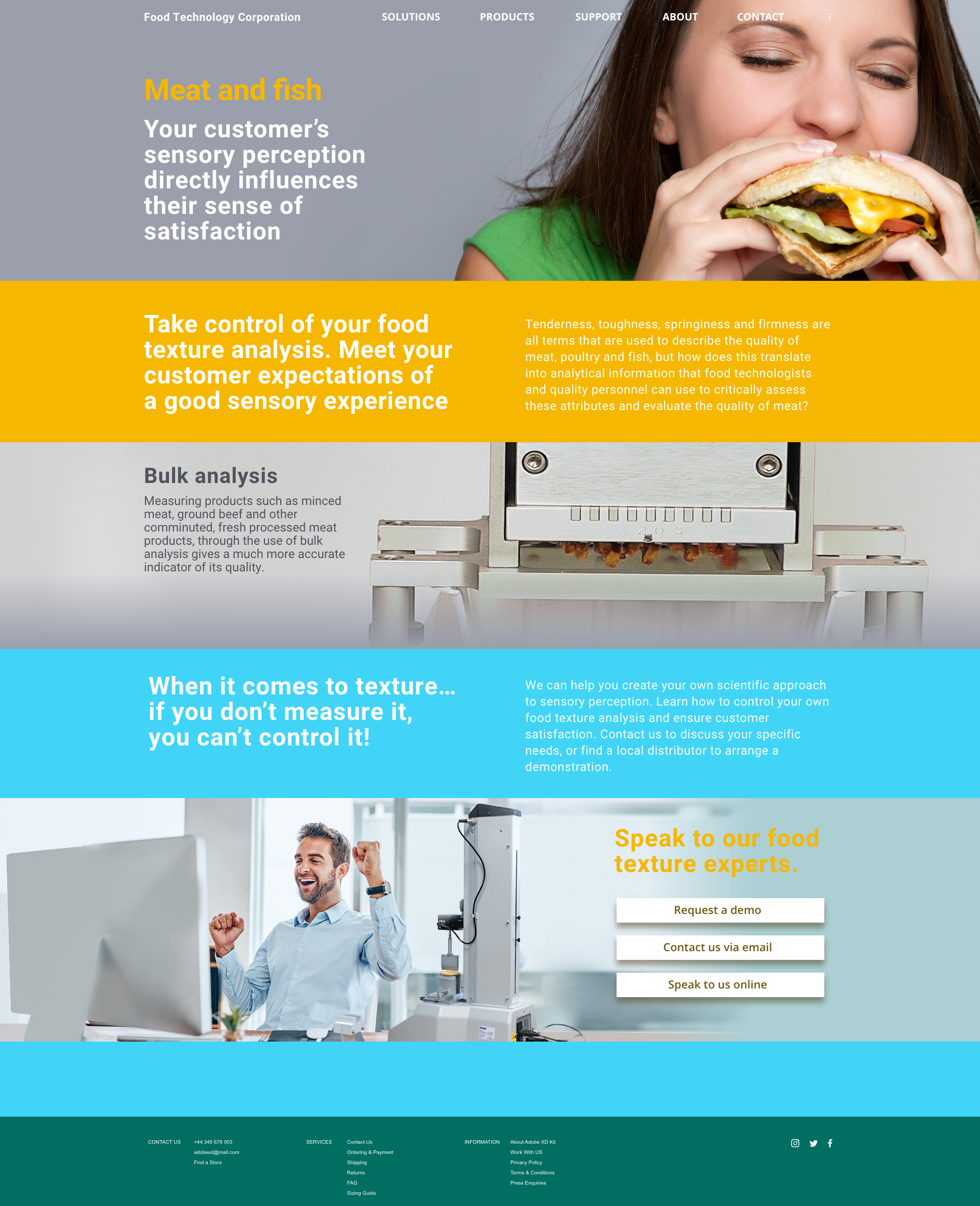 The first section is about Human sensory perceptions and the links to satisfaction, the second screen-fold takes that idea and links it to a scientific process of controlling texture. The third section brings in a clear call to action and human element to the company’s services.