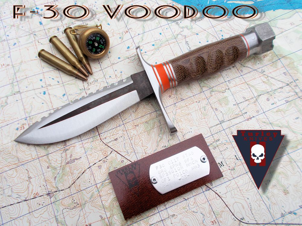 Double guard, stainless and orange spacers, dark brown canvas micarta center section, steel bolt pommel 