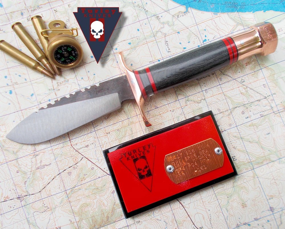 M14 Thunderbolt with M17 All American blade. Varied grind, saw teeth, double copper guard, red-black spacers, Hellcat cockpit spacer, black canvas micarta handle, copper bolt pommel