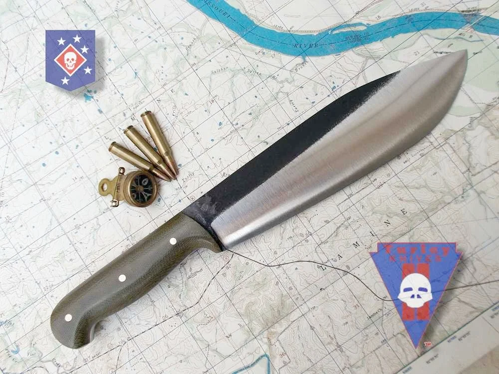 M18 Raider heavy machete, 1/4" 5160 spring steel, varied grind, od canvas micarta scales, copper pins