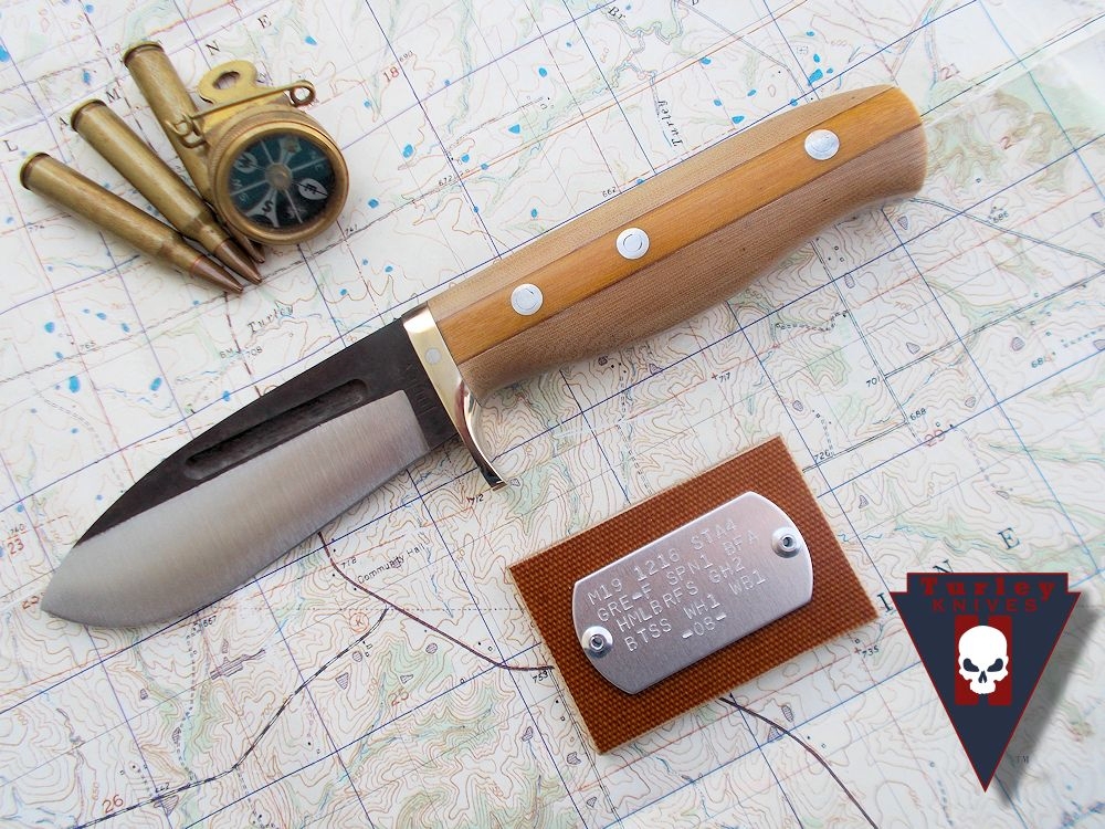 M19 with varied grind, angled fullers, nickel silver half guard, bown linen scales, natural linen fleetsides, stainless loveless bolts