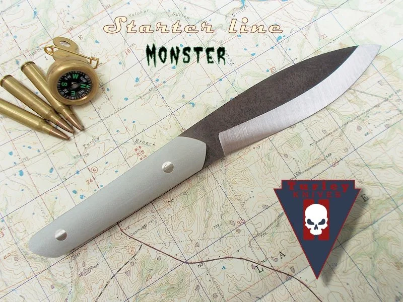 The Monster (as in Dr. Frankenstein's): Blade about 4 3/4", handle about 4 1/2" 