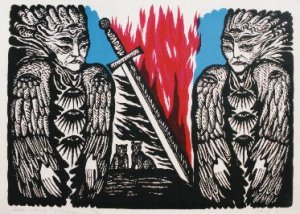 Jüri Arrak Sentinels guarding Eden ~ Eedeni Valvurid Silkscreen 1990 56 cm x 40 cm