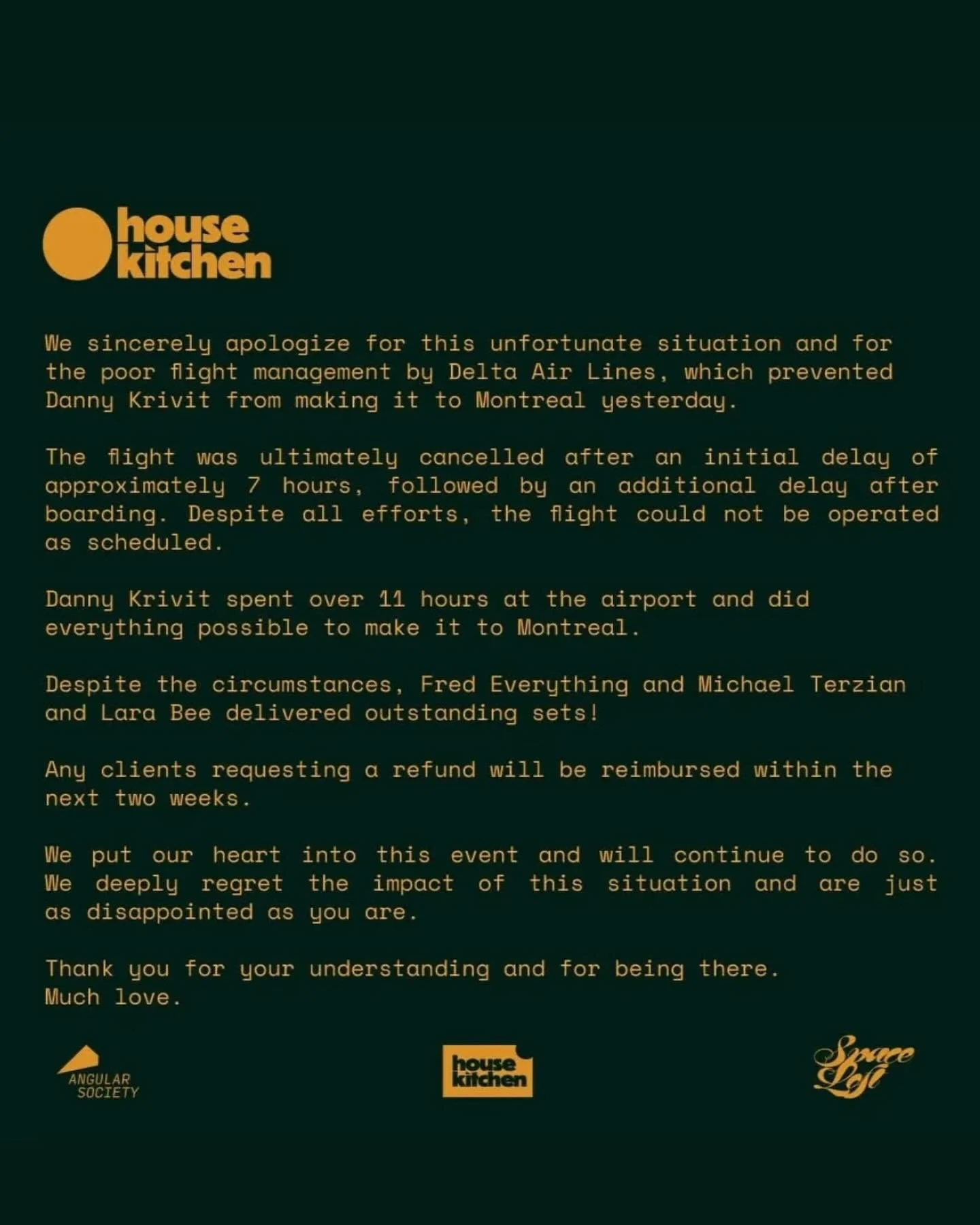 To all my friends in Montreal, @spaceloftmtl &amp; House Kitchen, I&rsquo;m so sorry I couldn&rsquo;t be there with you last night. I&rsquo;m extremely disappointed, but unfortunately Delta Air Lines strung me along until the clock timed out &amp; th