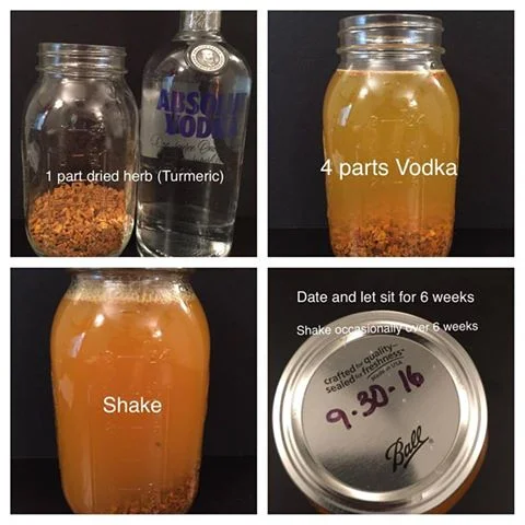 Here are the next steps to making a single herb tincture. I chose turmeric because I love all the amazing properties it has. When using a dried herb, the proportions are 1 part herb to 4 parts vodka. When using a fresh herb, use 1 part herb to 2 parts vodka. Pour contents into a mason jar. Label with the date and let sit for 6 weeks, Shaking the contents of the jar every few days. After six weeks we will strain through a cheese cloth for final product.... 